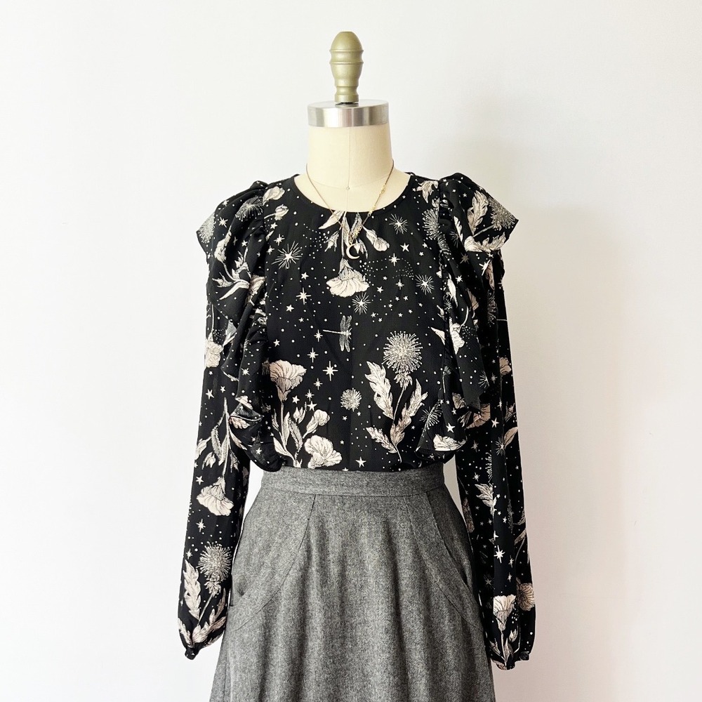 Mavi Ruffle Blouse Black Celestial Botanical Star Print Top Dragonfly Office